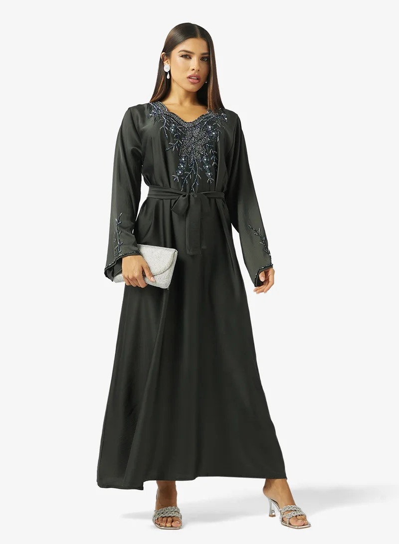 Floral Beaded Embroidery Work At Front Section And Belt Jalabiya